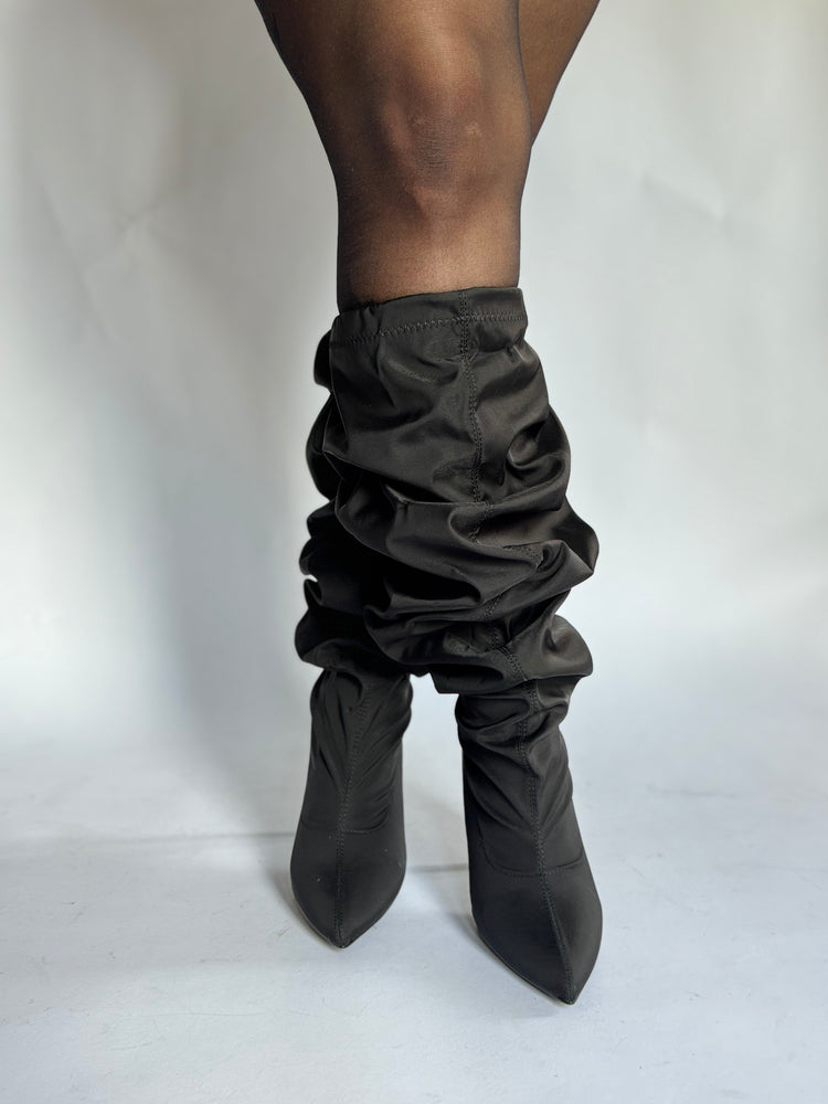 Black Leather-Look Mid Calf Slouch Boots | New Look
